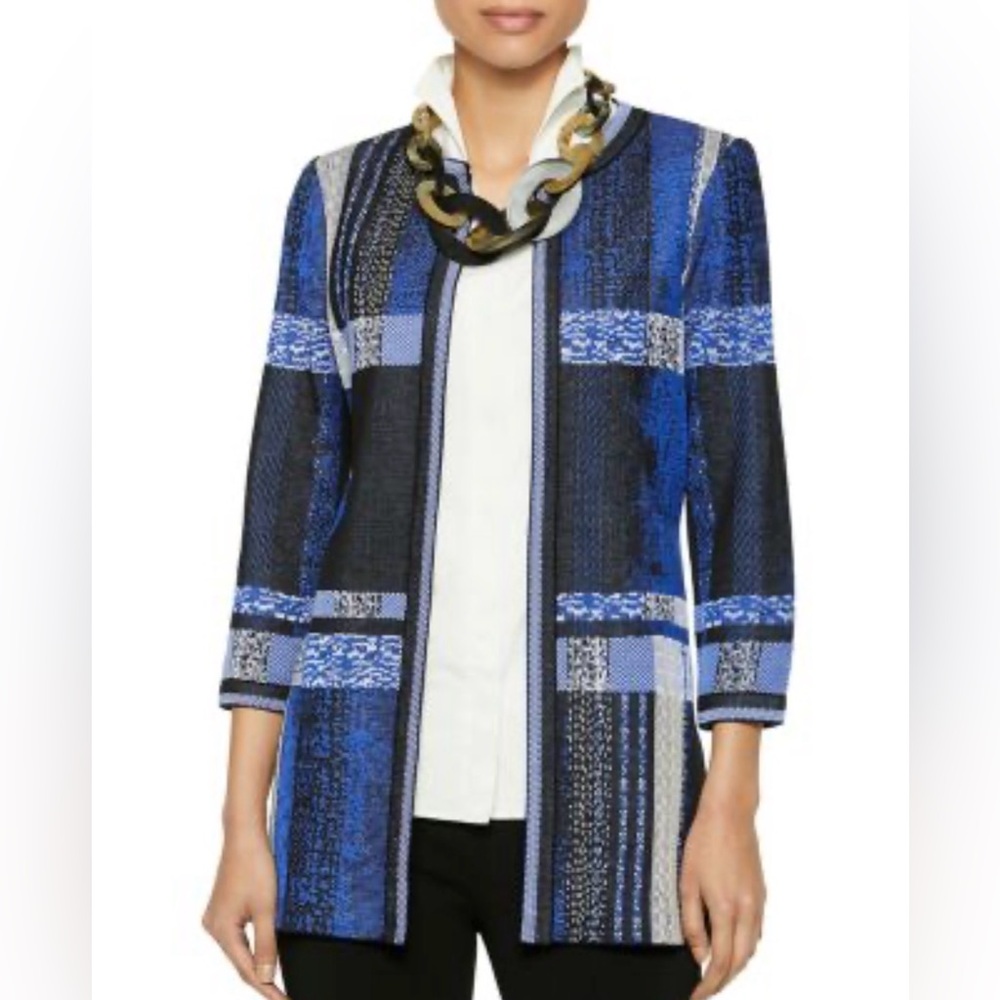 Misook Blue Plaid Jacquard Knit Jacket